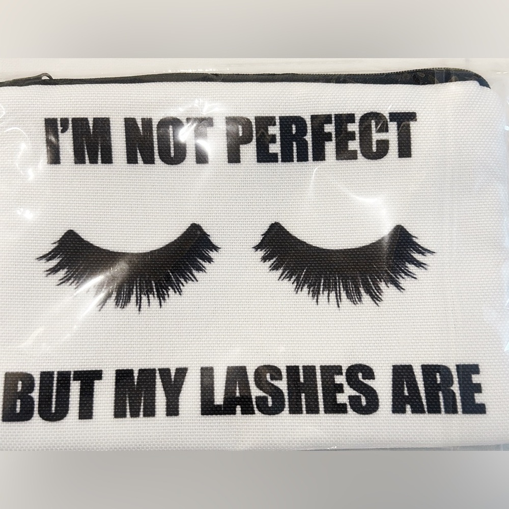 Chic White Cosmetic Pouch with Black Eyelash Print